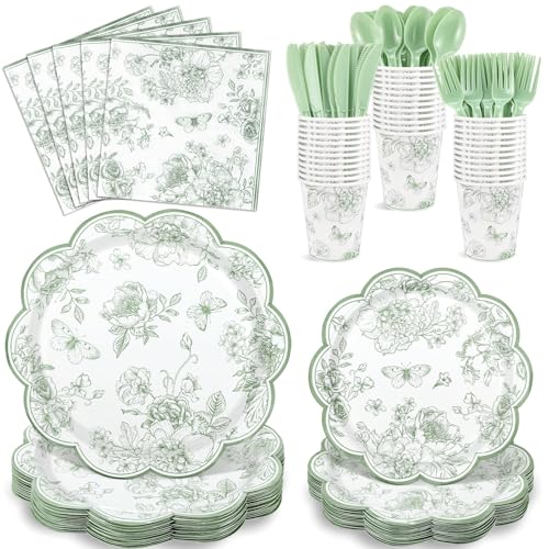 NatNarr 175 Pcs Sage Green Floral Plates and Napkins 25 Guest Scalloped Toile Chinoiserie Party Supplies Includes Floral Plates Napkins Cups Plastic Cutlery for Wedding Bridal&Baby Shower Tea Party