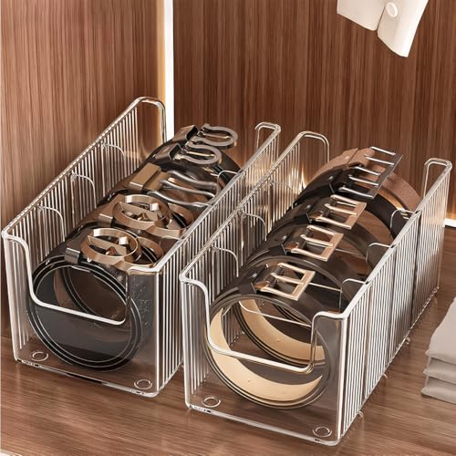 Image of HASTHIP Belts Organizer Case, Pack of 2 Clear PET Ribbed Organizer Box, Compartmentalized Storage Case with Flexible Divider Inserts, Wardrobe Belt Holder, 13.5x26x11cm