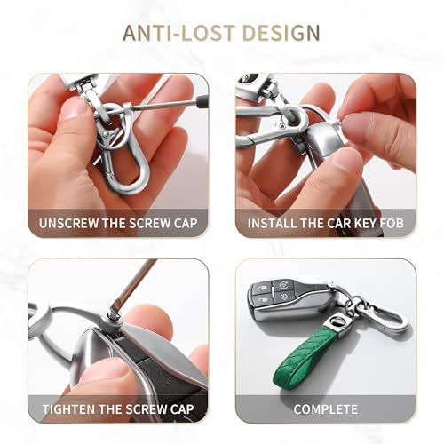 Image of Gkeygo Carabiner Keychain, Universal Heavy Duty Woven Handmade Leather Key Chain, Car Fob Key Keychains with 360 Degree Rotatable Snap Swivel and Anti-Lost D-Ring for Men and Women, Silver - Green