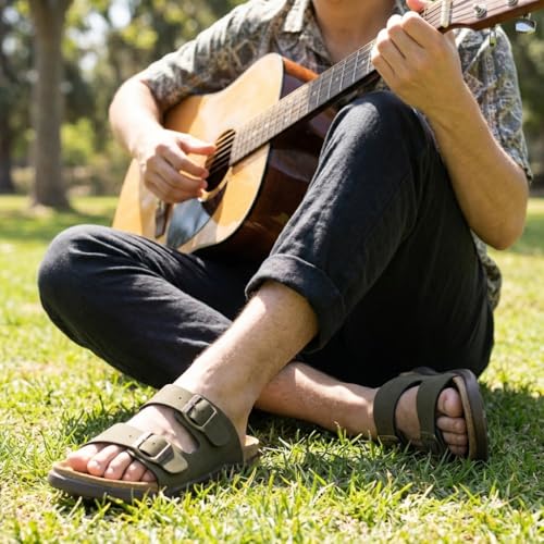 Image of CUSHIONAIRE Mars Double Buckle Slide Sandals for Men with Arch Support, Cork Footbed and EVA Outsole