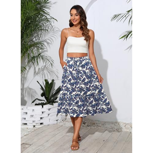Image of Witsmile Summer Skirts Midi Length Flowy Pleated Tiered Skirts for Women 2025 Dressy Casual(FP Blue Leaf,XL)