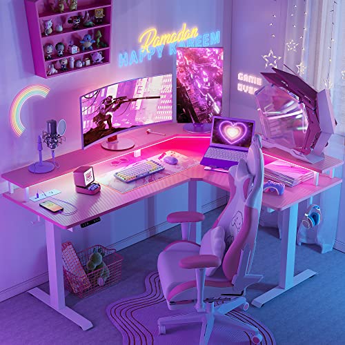 Image of FEZIBO 63 inch Triple Motor L Shaped Standing Desk with LED Strip & Power Outlets, Height Adjustable Stand up Corner Gaming Desk with Ergonomic Monitor Stand, Pink Carbon Fiber Top /White Frame