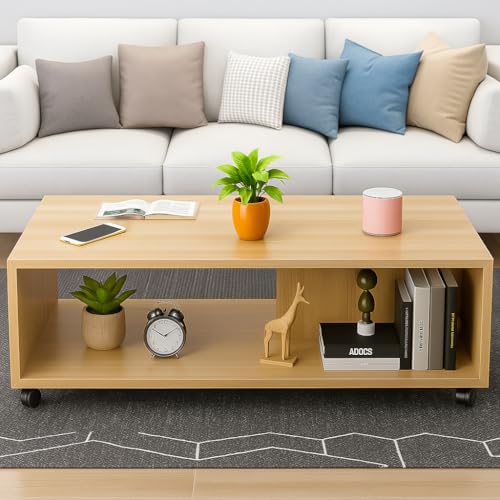 Image of MATTERHORN Wooden Coffee Table with Wheels & Storage Shelf | Modern Centre Table for Living Room, Tea & Drawing Room | Free Assembly, 80 x 40 x 40 cm (MOCT-R92101) (Almond Beige)