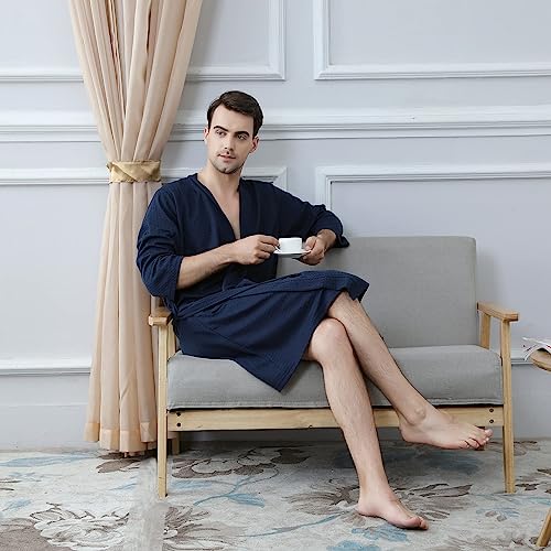 Skilydia Mens Summer Robes/Bathrobes Lightweight Knee Length,Soft Absorbent Waffle Robes/Bathrobes Housecoat For Mens For Pool/Shower/Loungewear(Blue, Large) #TOP3