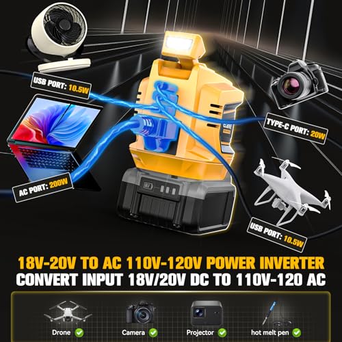 Image of Ecarke 200W Portable Power Inverter Compatible with DeWALT 20V Battery, DC 18V to AC 110V Power Station with 1 AC Outlet, 2 USB, 1 Type-C & LED Light, for Outdoor Emergency Use (No Battery)(2-Pack)