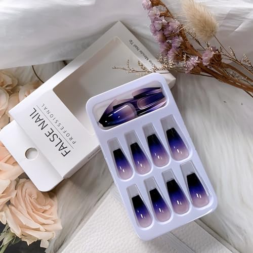 Medium Press on Nails Coffin Fake Nails Purple and Black Gradient French Press on False Nails Acrylic Nails Full Cover Glossy Glue on Nails Medium Reusable Artificial Stick on Nails for Women Girls - Image 8