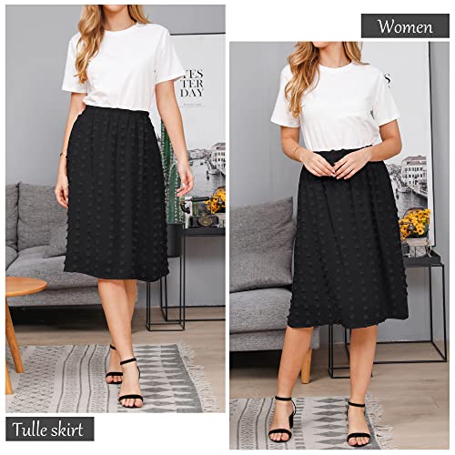 Ezcosplay Women's Boho Swiss Dot High Elastic Waist Pleated A-Line Midi Skirt2
