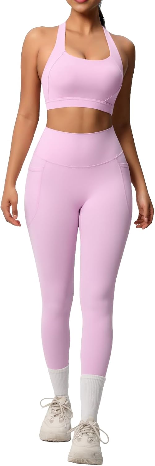 Women's 2-Piece Moisture-Wicking Workout sets Cross Back Sports Bra & High Waist Pants,Athletic Activewear