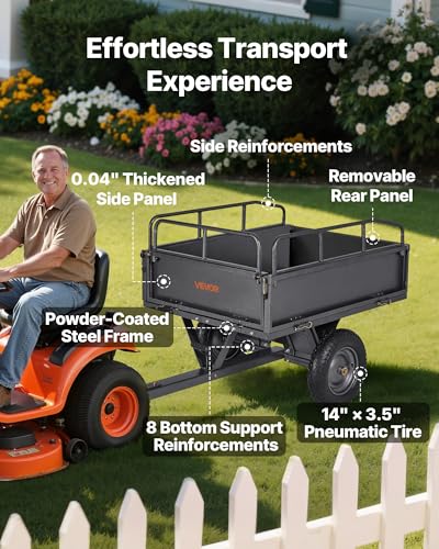 Image of VEVOR 10 Cu.Ft. & 500lbs ATV Trailer Dump Cart Tow Behind, Heavy Duty Utility UTV Trailer, Tow Behind Steel Yard Dump Wagon Cart with 14 inch Tires for Lawn Mower Tractor