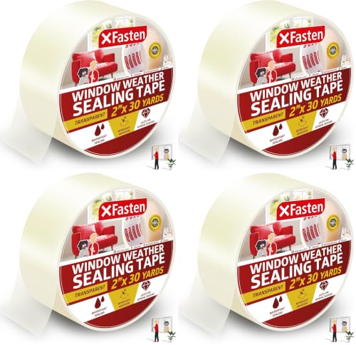 Image of XFasten Transparent Window Weather Sealing Tape, 2-Inch x 30 Yards (50.8mm x 27.43m), Clear Window Draft Isolation Sealing Film Tape, No Residue (Pack of 4)