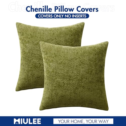 Image of MIULEE Decorative Couch Throw Pillow Covers 20x20 Inch Olive 2 Pack | Modern Boho Accent, Soft Chenille Pillow Covers, Farmhouse Cushion Cases for Home Decor Bed Sofa Living Room