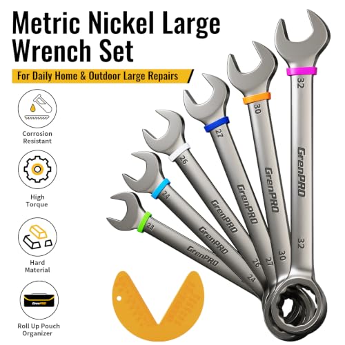 Image of GRENPRO 23-32MM Large Metric Wrench Set, Combination Open End Wrench Sets | Color Rings, Roll Up Pouch, CRV Steel, Nickel Rust-Proof Coating, Free Gauge for Quick Size Matching