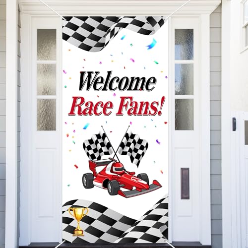 Welcome Race Fans Racing Car Birthday Photo Booth Props Banner Backdrop Background Trophy Check Flag F1 F3 Theme Decor for Birthday Party Flag Supplies Favors Decorations
