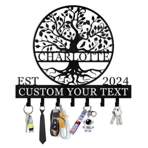 Dyoart, Personalized Key Holder Wall Mount - Custom Name Tree of Life Key Holder for Wall, Metal Key Rack Coat Rack for Front Door, Living Room, Kitchen, Housewarming Wedding Gift