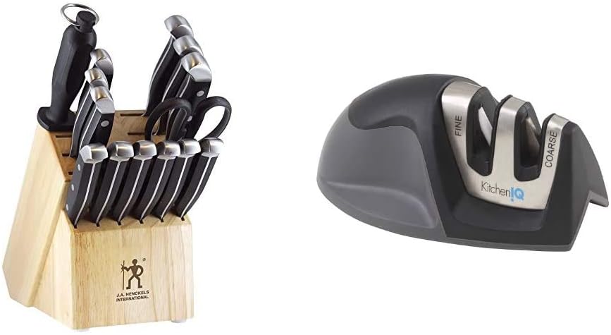 HENCKELS Premium Quality 15-Piece Knife Set with Block + KitchenIQ 50009 Edge Grip 2-Stage Knife Sharpener