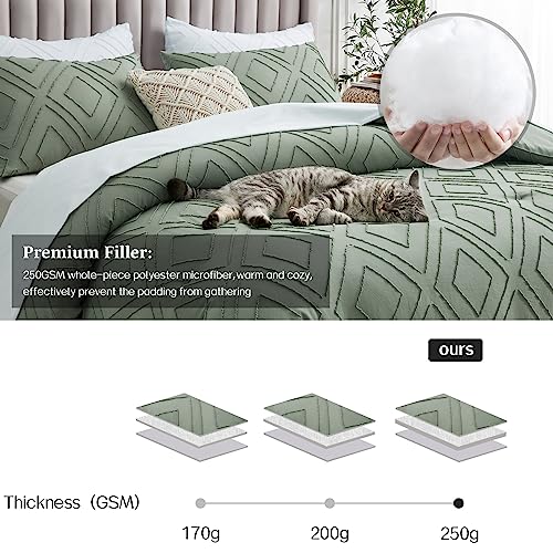 Frohaul Boho Queen Comforter Set,Sage Green Rhombus Tufted Queen Size Comforter Set With Corner Loops,3 Pieces Embroidery Shabby Chic Bedding Comforter Sets For All Seasons(Sage Green,Queen) #TOP6