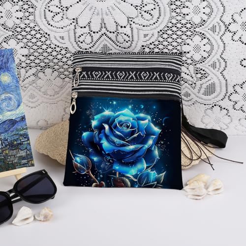 Blue Rose Crossbody Bag Blue Floral Starlight Print Adjustable Shoulder Strap Women Messenger Bag Women Valentine's Day Gift Travel Double-layered Crossbody Purse Birthday Gift for Her3