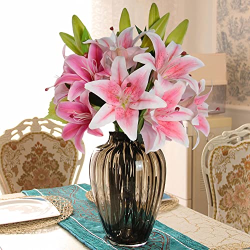 Yironcins 2 Pcs Artificial Lily Flowers, Long Stem 28" Artificial Pink Stargazer Lily With Total 6 Heads Full Bloom Lily 4 Lily Buds, Faux Tiger Lily For Home Hotel Flower Arrangement Decor #TOP4