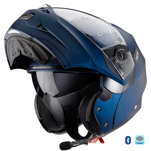 CABERG Duke 2 Bluetooth Sena Intercom Integrado Azul Mate - Casco de Moto Modular P/J + Pinlock - Casco con Visor Solar Homologado ECE (XL)