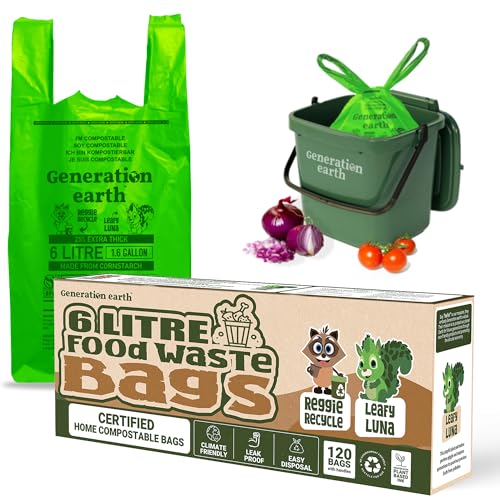 120 bolsas - Bolsas 6 L - Asas para anudar - Certificadas OK compost HOME - Residuos orgánicos - Extra resistentes - Bolsas para cubo de cocina