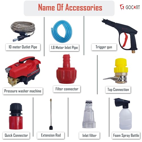 Image of GOCART WITH G LOGO High Pressure Washer 2000W with 145 BAR,7.01 /Min Flow Rate,10Meters Outlet hose,1m Power Cord for Car, Bike and Home Cleaning Purpose (145 BAR)