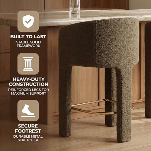 Image of HNY Modern Barrel Bar Stools Set of 2, 26 Inch Upholstered Sherpa Counter Height Bar Stools with Back and Armrests for Kitchen Island, Home Bar, Dining Room, No Assembly, Green