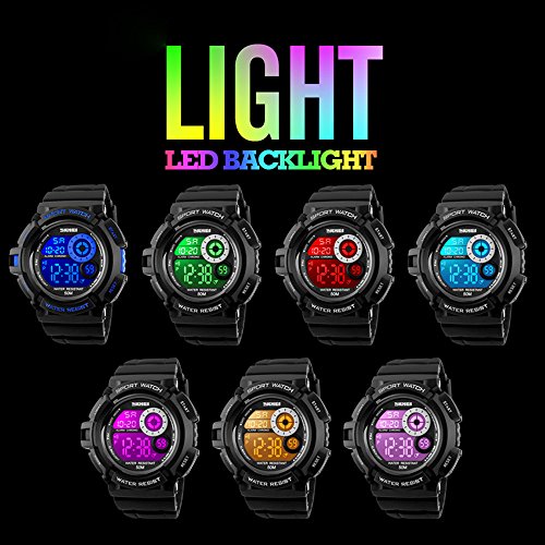 Skmei Boys Sport Style Digital Watch Waterproof 7 Colors Changeable Led Backlight Wristwatch Men Pu Band (Orange) #TOP3