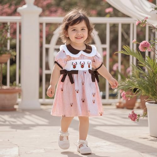 Kids Toddler Girl Christmas Outfit Smocked Dress Reindeer Puff Short Sleeve Elk Plaid Dresses Girls Xmas Clothes2