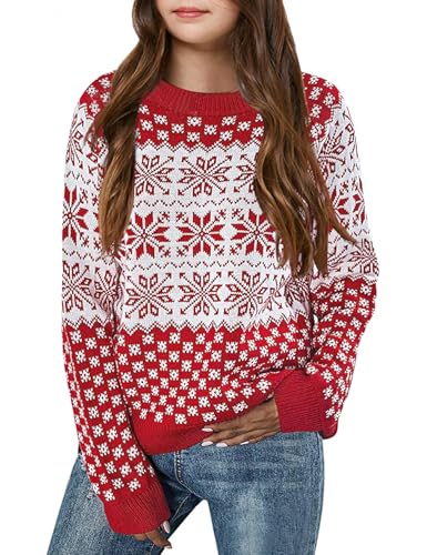 Girls Christmas Pullover Sweaters Reindeer Elk Snow Long Sleeve Crew Neck Chunky Tops