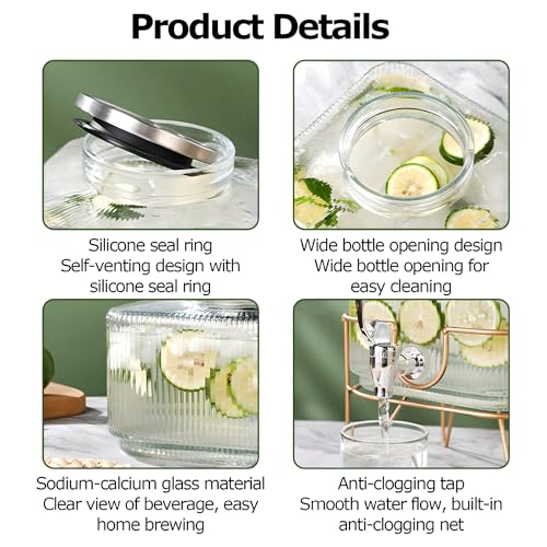 Getränkespender aus Glas mit Zapfhahn und tropffreiem Zapfhahn, ideal für Wasser, Limonade, Saft, Eistee, für den Kühlschrank