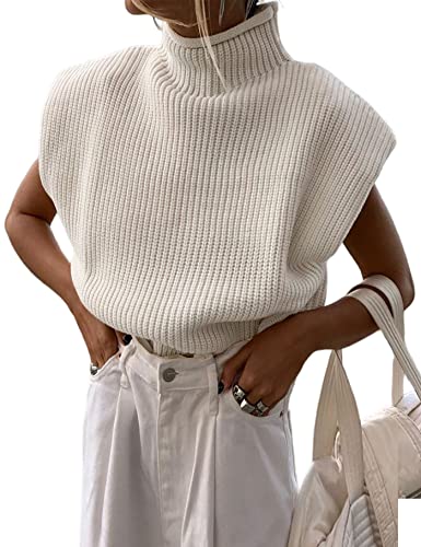 Women's Knit Sweater Vest Sleeveless Shoulder Pad Turtleneck Pullover Solid Knitted Top (White-M) #TOP2