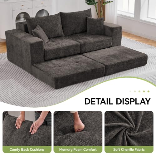 Image of 79 inch Boneless Cloud Loveseat Sofa Couch, Modular Tufted Foldable Floor Sofa with Ottoman, Chenille Lounge Convertible Sofa Bed for Living Room, No Assembly, Brown