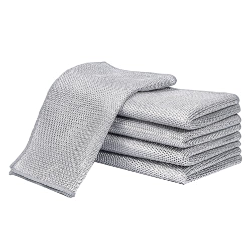LikGuest 5 Pack Extra Large Non Scratch Wire Dishcloths, 30x30cm Double-Layer Silver Thread Kitchen Cleaning Rags, Dual-Sided Wet & Dry Reusable Steel Wire Dish Cloths for Cookware, Sinks, Stovetops