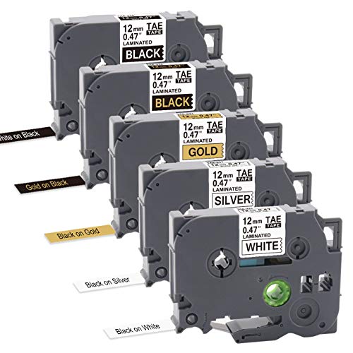 5Pack Compatible for Brother P Touch Label Tape TZe-231 TZe-931 TZe-831 TZe-334 TZe-335 TZ Tape 12mm 0.47 (Black on White/ Silver/ Gold, White/Gold on Black) for PTD210 PTD400 PTD200, 1/2 In x 26.2 Ft