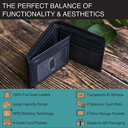 Premium RFID Men's Leather Bifold Wallet | High-Capacity, Full-Grain Leather, RFID Protection, Black4