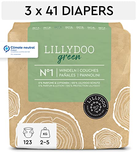 Pañales LILLYDOO green con un impacto ambiental reducido, talla 1 (2-5 kg), 3 paquetes de 41 pañales (123 pañales)