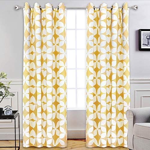 DriftAway Amelia Thermal Blackout Room Darkening Grommet Window Curtains Retro Geo Pattern Round Circle Star Print Set of 2 Panels Each 52 Inch by 96 Inch Yellow