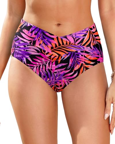 Image of Women V Cut Full Coverage Bikini Bottom - High Waist Swim Bathing Suit Bottoms Cross V Front Swimsuit