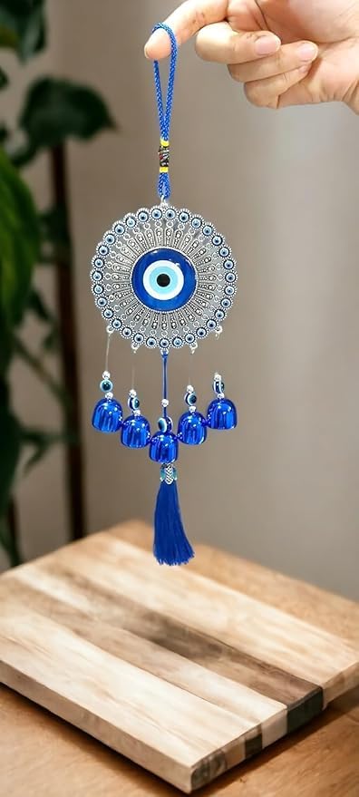 Image of Decorative Wind Chime for Home | Wooden House with Bells Colourful Beads | Positive Energy Balcony Living Room Hall Garden Home Decor (Evil Eye Hanging)