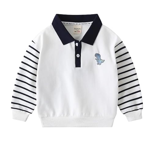 Image of Meufam Toddler Boys Dinosaur Print Polo Collar Long Sleeve Sweatshirt Color Block Fall And Winter Pullover (White,2 Years)