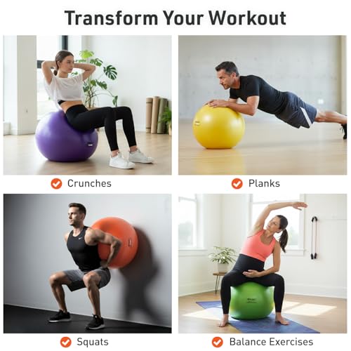 Image of Body Sport Exercise Ball with Pump for Home, Gym, Balance, Stability, Pilates, Core Strength, Stretching, Yoga, Fitness Facilities, Desk Chairs