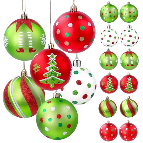 JOLCEEY 18pcs Christmas Tree Baubles, 2.4 Inch Hanging Christmas Balls Ornaments Glittering Red Green Xmas Baubles Shatterproof Balls with Strings for Xmas Tree Decorations