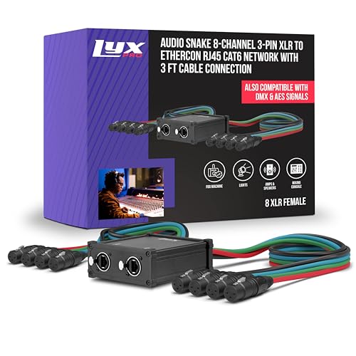 LyxPro 8-Channel Female XLR Audio Snake for Stage Sound, Studio, and Lighting, Multi-Network XLR to RJ45 Ethercon Adapter with Heavy-Duty Shield and 3-Foot Cable for Digital & Analog Signal Transfer