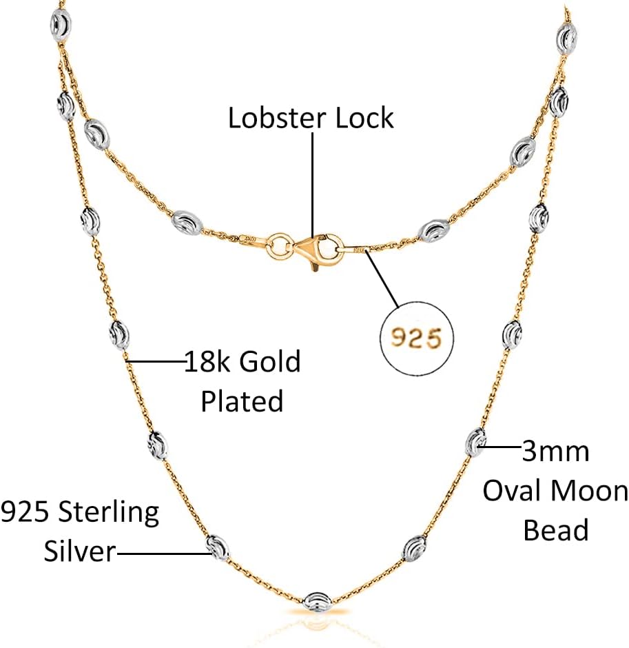 Savlano 18K Gold Plated Over 925 Sterling Silver Station Oval Moon Bead Necklace Chain For Women. Silver, Gold, Rose Gold - Made in Italy Comes With a Gift Box - Image 2