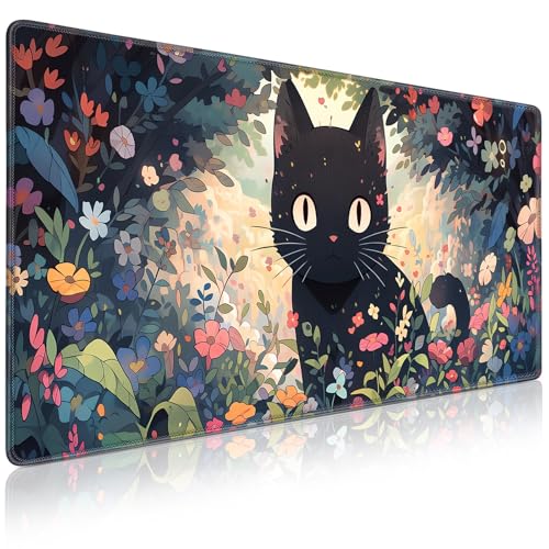 Tapis de souris de jeu XXL 900 x 400 mm – Sous-main et grand tapis de souris – Bords cousus et imperméable – Tapis de souris chat pour joueur, bureau et...