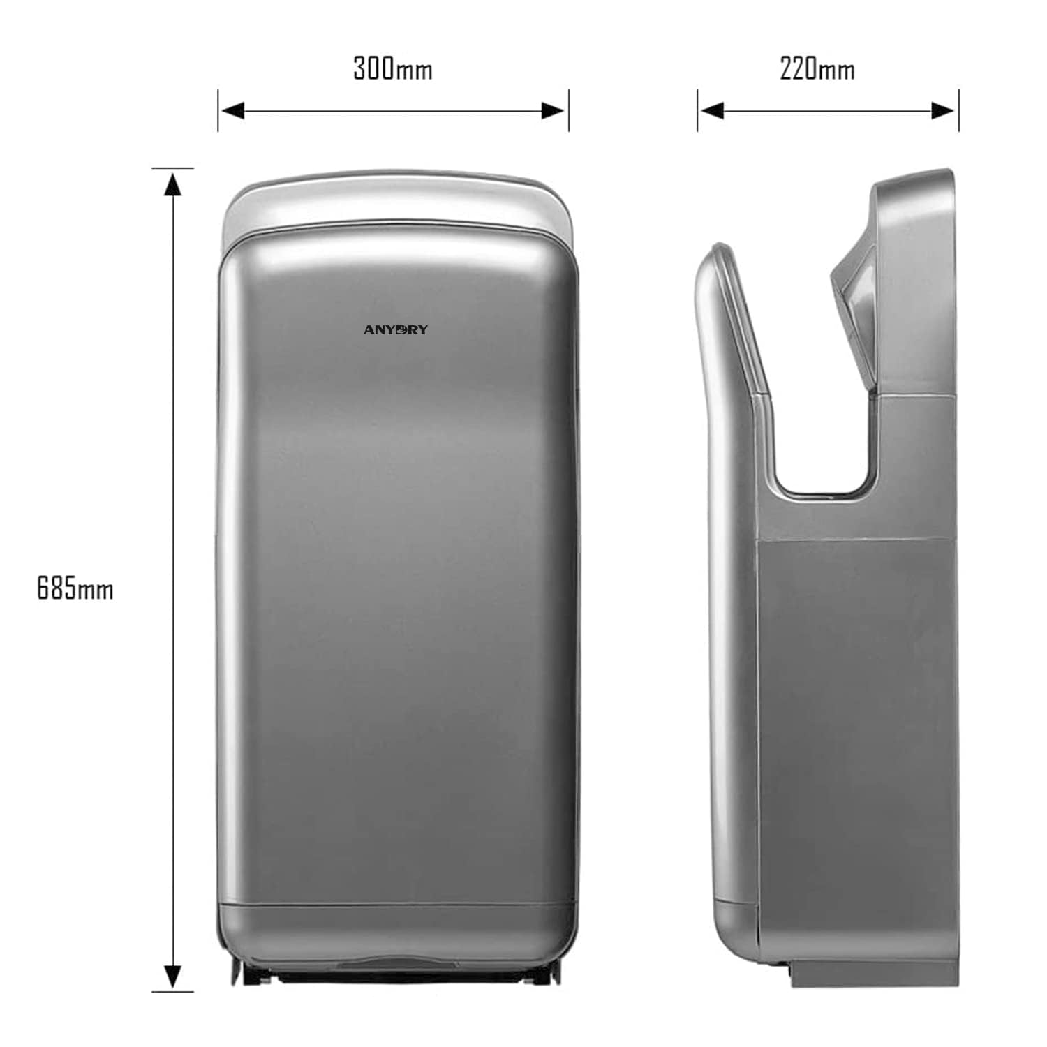 anydry 2005H Asciugamani Elettrico ad Aria,Asciugamani Elettrico Professionale,con Filtro HEPA, Super Potente,7-10 Secondi per asciugare,1750-2050W (Argento)