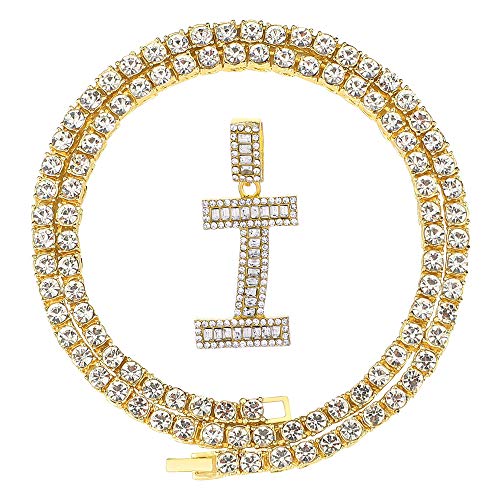 FW Jewelry HH BLING Gold Iced Out Baguette Initial Letter Necklaces for Men Women, Big Cz Diamond Capital Letter Pendant I with Tennis Chains (Gold I & Tennis)