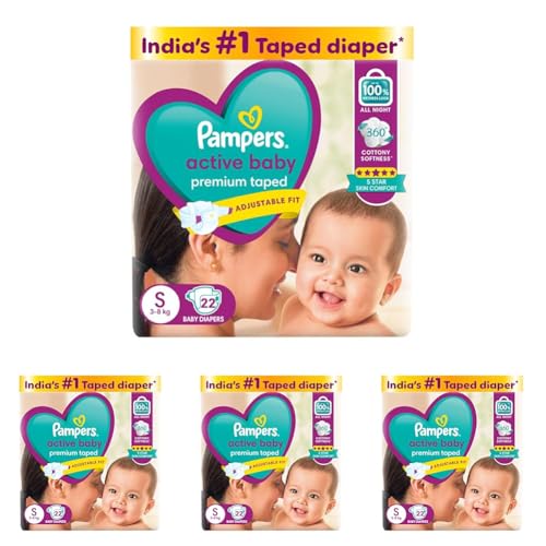 Image of Pampers Active baby Tape Style baby Diapers, Small (S), 22 pcs, 3-8kg, Adjustable Fit with 5 Star Skin Protection Diapers, 1 count (Pack of 4)