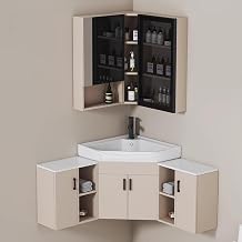 Farmhouse Bathroom Vanity Sink with Mirror Cabinet, Corner Hanging Wall-Mounted Shelf Storage Medicine Cabinet, Modern Narrow Cabinet Storage Organizer for Bathroom, Kitchen, Living Room56+40CM/22+1