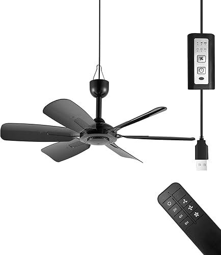 Ventilador colgante USB portátil de 17.7 pulgadas con 6 cuchillas, uso en interiores y exteriores, para caravana, campamento y toldo, funcionamiento